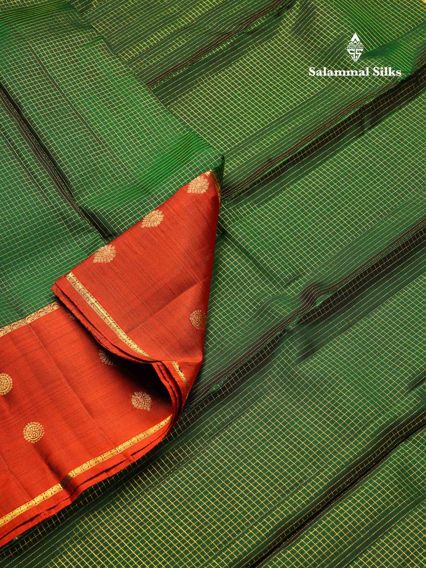 Beautiful Bottle Green Small Zari Checks Pure Kanjivaram Silk Saree With Contrast Dual Tone Brown Traditional Border