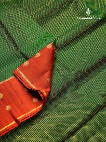 Beautiful Bottle Green Small Zari Checks Pure Kanjivaram Silk Saree With Contrast Dual Tone Brown Traditional Border