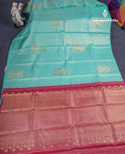 Beautiful Peach Fancy Vairaoosi Menakari Work Pure Kanjivaram Silk Saree with Contrast Pink Blouse