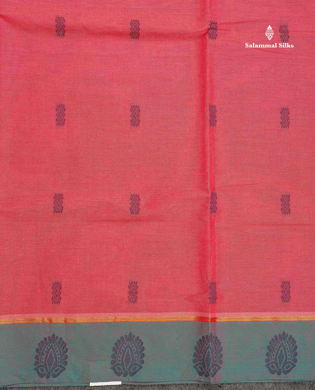 Pure Cotton Saree - Peach Colour Body Thread Butta With Contrast Sapphire Green Border