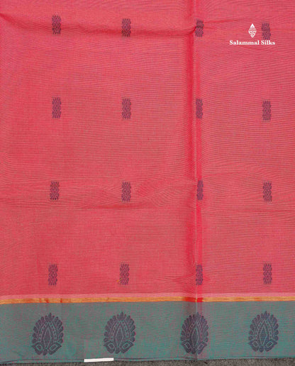 Pure Cotton Saree - Peach Colour Body Thread Butta With Contrast Sapphire Green Border
