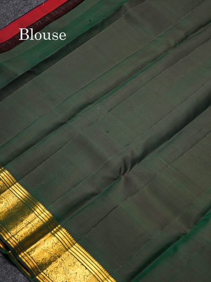 Beautiful Bottle Green Small Zari Checks With Butta Pure Kanjivaram Silk Saree With Traditional Evening Morning Border