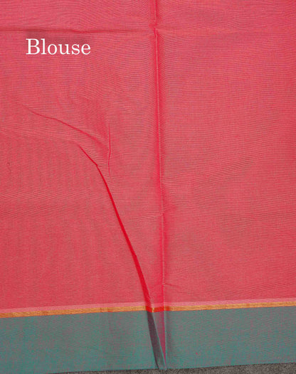 Pure Cotton Saree - Peach Colour Body Thread Butta With Contrast Sapphire Green Border