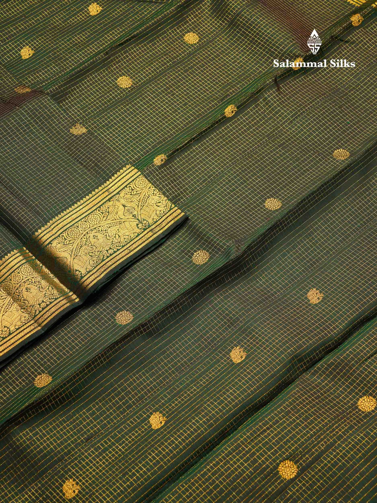 Beautiful Bottle Green Small Zari Checks With Butta Pure Kanjivaram Silk Saree With Traditional Evening Morning Border