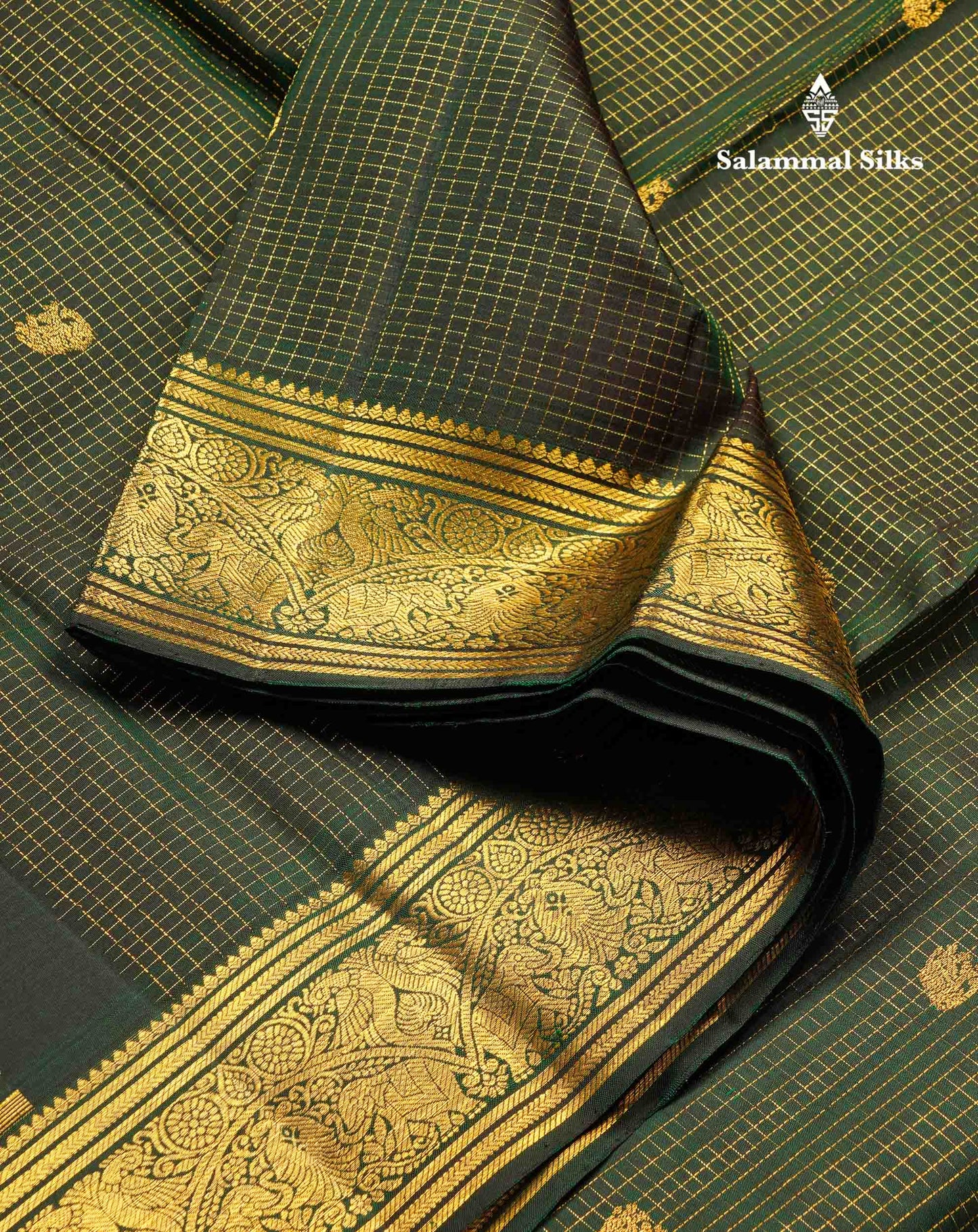 Beautiful Bottle Green Small Zari Checks With Butta Pure Kanjivaram Silk Saree With Traditional Evening Morning Border