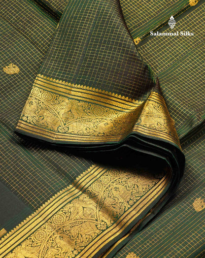 Beautiful Bottle Green Small Zari Checks With Butta Pure Kanjivaram Silk Saree With Traditional Evening Morning Border