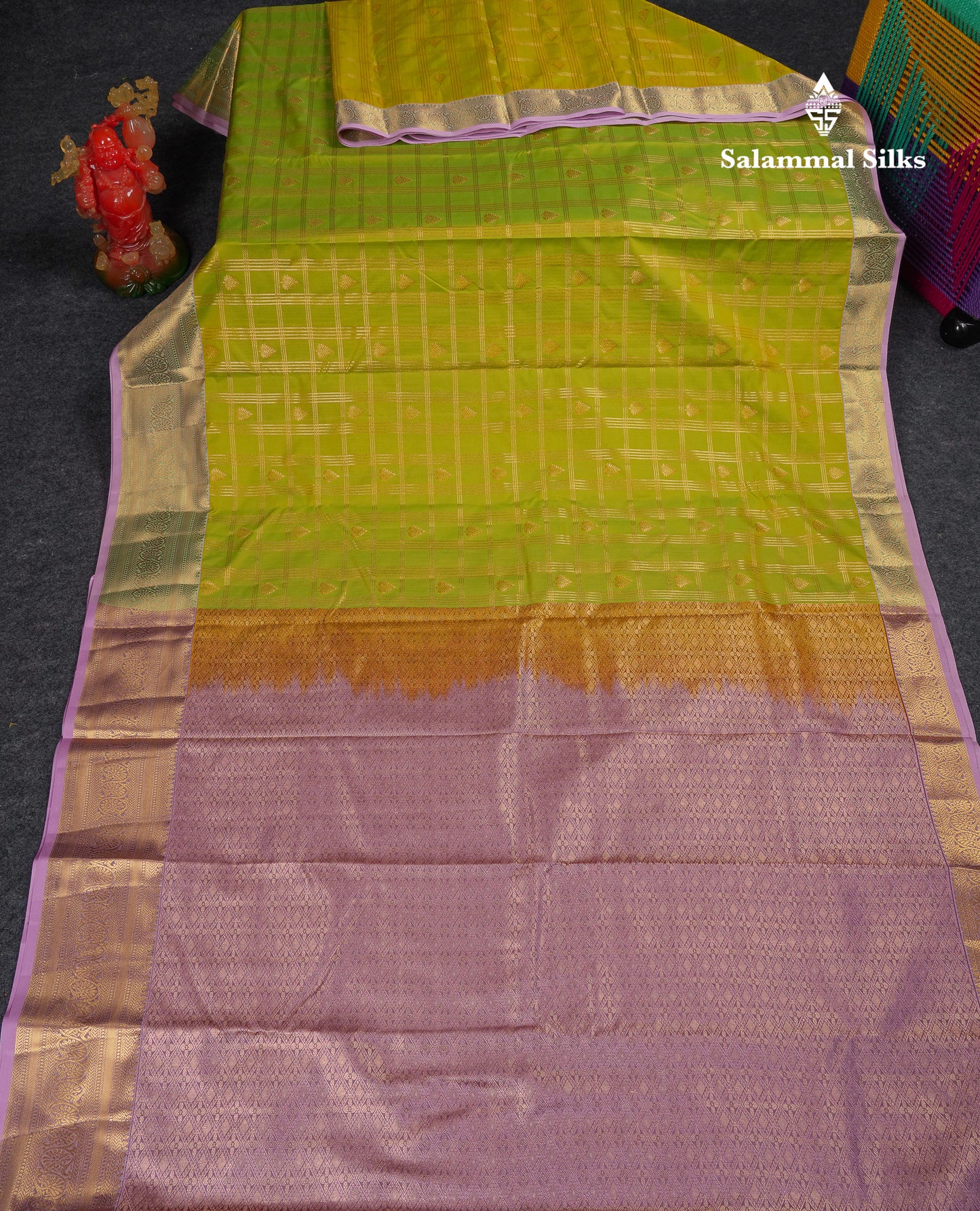 Beautiful Dual Tone Green Checks With Butta Semi Silk Saree With Contrast Lavender Traditional Evening Morning Border