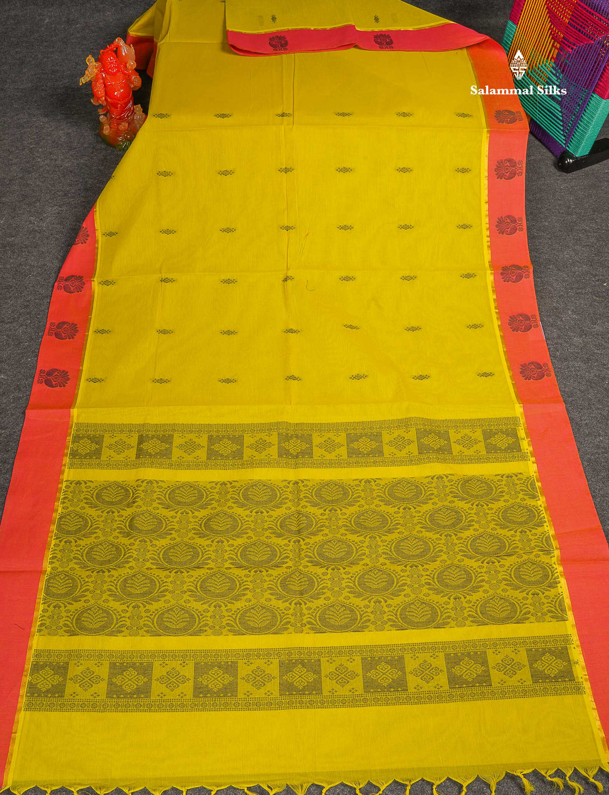 Pure Cotton Saree - Green Colour Body Thread Butta With Contrast Pink Border