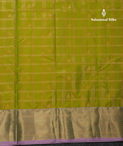Beautiful Dual Tone Green Checks With Butta Semi Silk Saree With Contrast Lavender Traditional Evening Morning Border