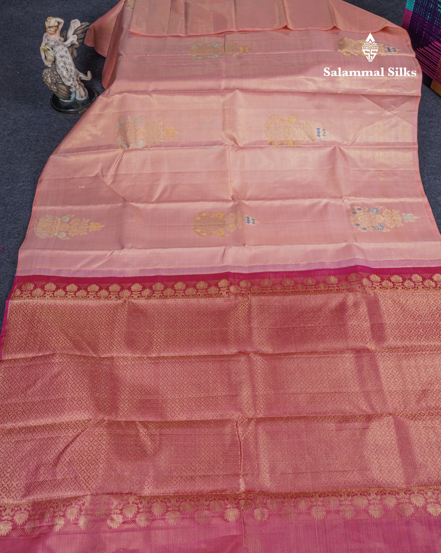 Beautiful Peach Fancy Vairaoosi Menakari Work Pure Kanjivaram Silk Saree with Contrast Pink Blouse