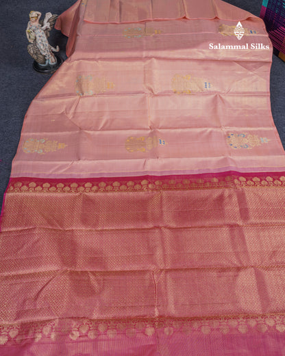 Beautiful Peach Fancy Vairaoosi Menakari Work Pure Kanjivaram Silk Saree with Contrast Pink Blouse
