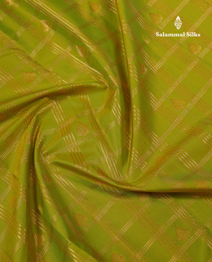 Beautiful Dual Tone Green Checks With Butta Semi Silk Saree With Contrast Lavender Traditional Evening Morning Border