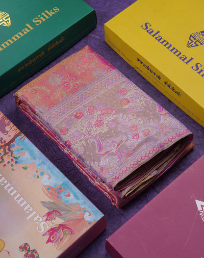 Beautiful Pink Tissue Bridal Pure Kanjivaram Silk Saree With Contrast Violet Fancy Border