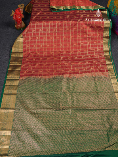 Beautiful Dual Tone Green Checks With Butta Semi Silk Saree With Contrast Lavender Traditional Evening Morning Border