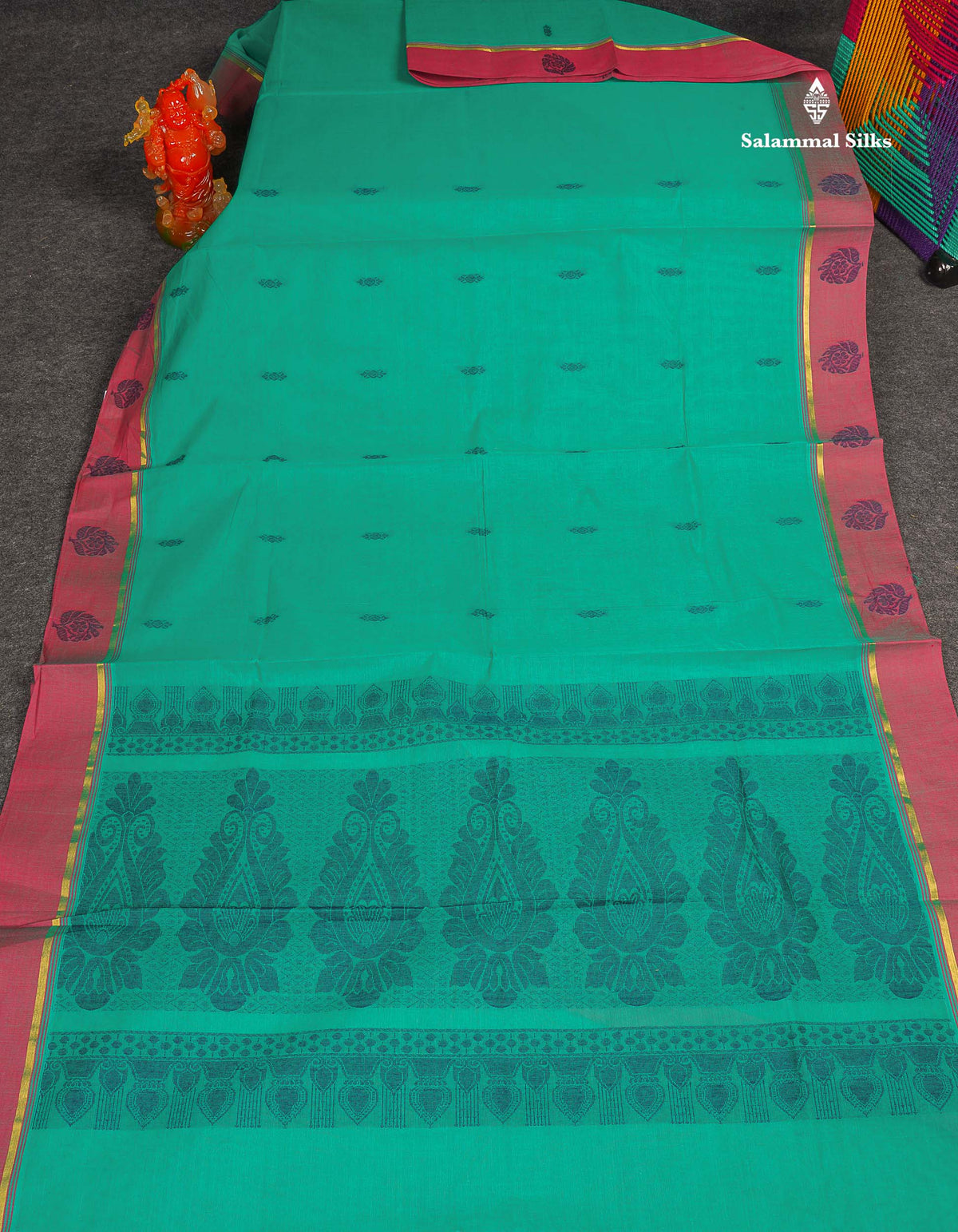 Pure Cotton Saree - Sapphire Green Colour Body Thread Butta With Contrast Pink Border