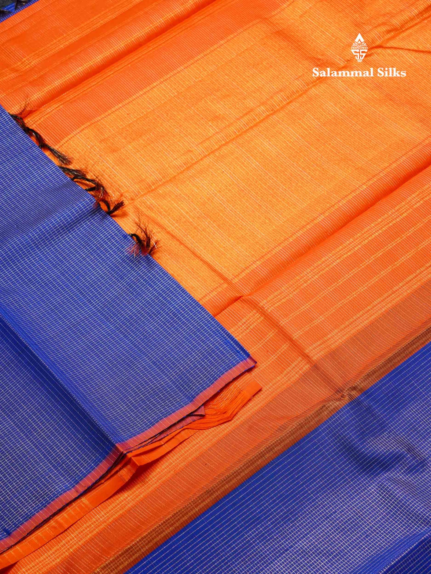 Beautiful Royal Blue Tiny Zari Checks Pure Kanjivaram Silk Saree With Contrast Orange Blouse