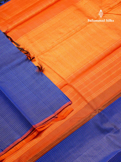 Beautiful Royal Blue Tiny Zari Checks Pure Kanjivaram Silk Saree With Contrast Orange Blouse