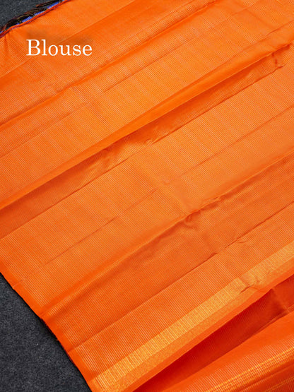 Beautiful Royal Blue Tiny Zari Checks Pure Kanjivaram Silk Saree With Contrast Orange Blouse