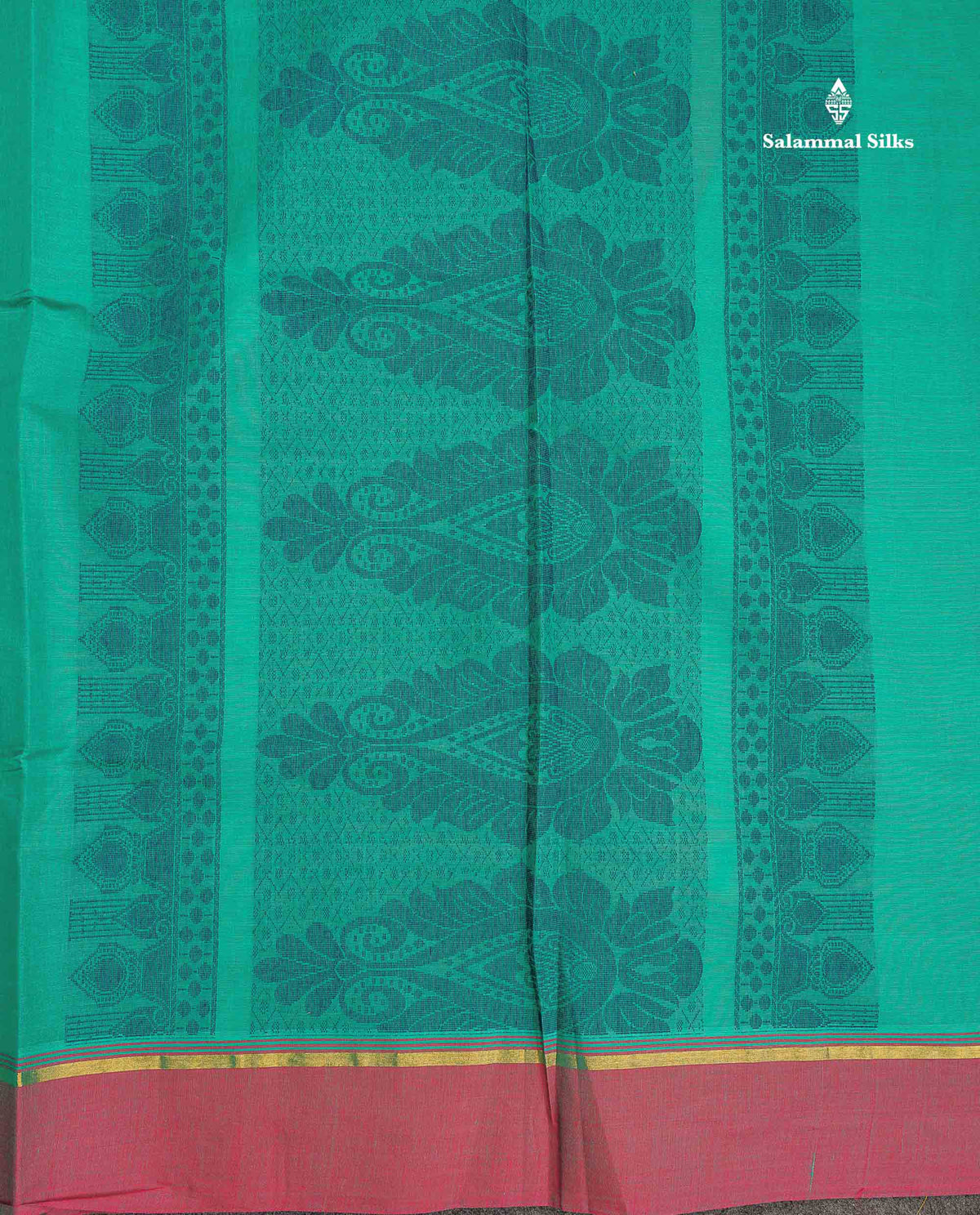 Pure Cotton Saree - Sapphire Green Colour Body Thread Butta With Contrast Pink Border
