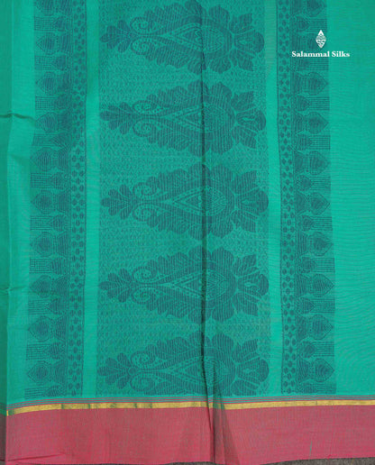 Pure Cotton Saree - Sapphire Green Colour Body Thread Butta With Contrast Pink Border