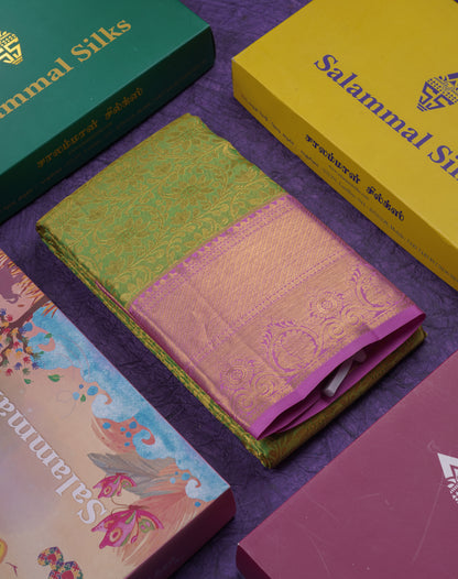 Beautiful Parrot Green Tissue Pure Kanjivaram Silk Saree With Contrast Pink Traditional Border