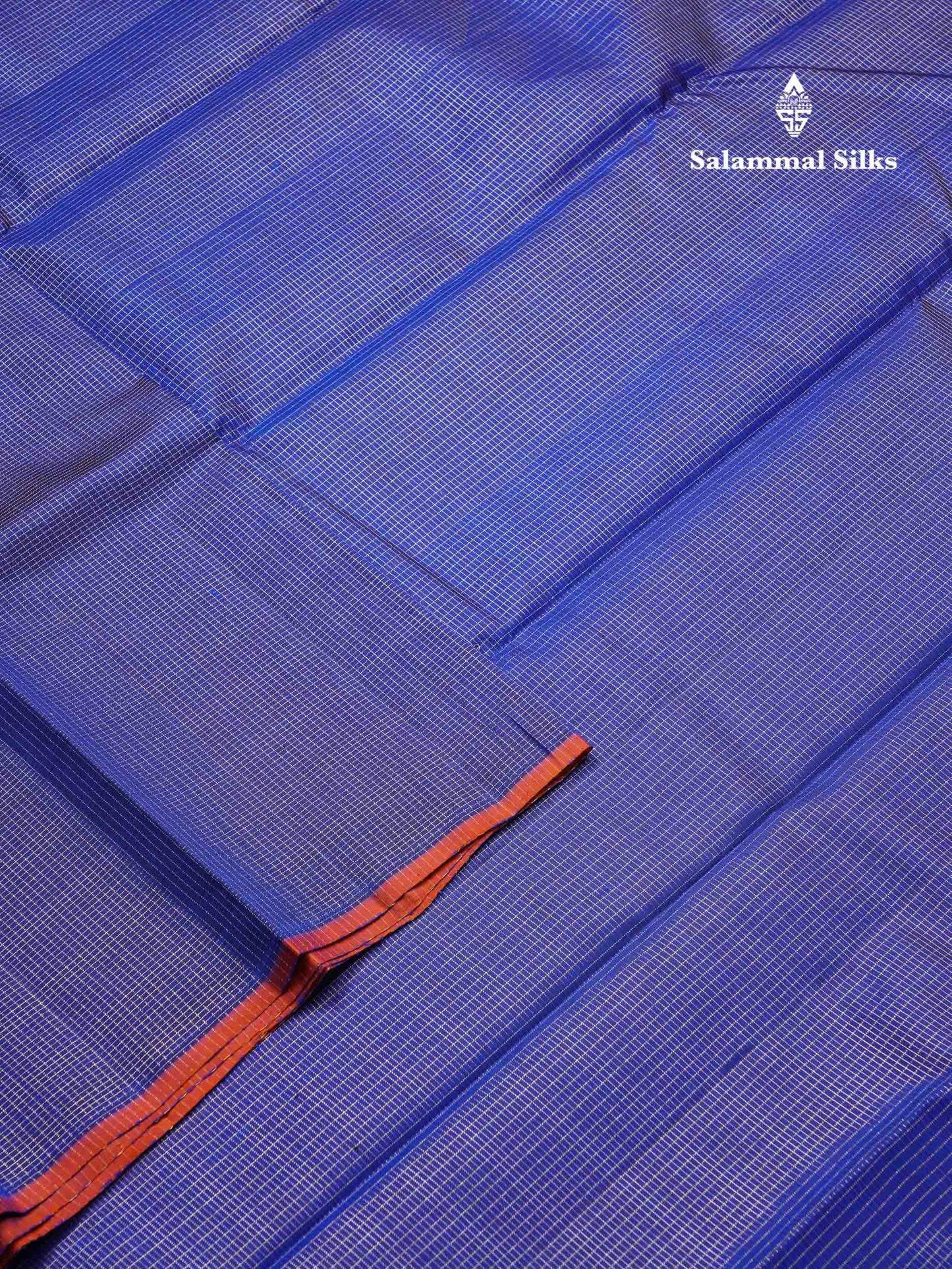 Beautiful Royal Blue Tiny Zari Checks Pure Kanjivaram Silk Saree With Contrast Orange Blouse