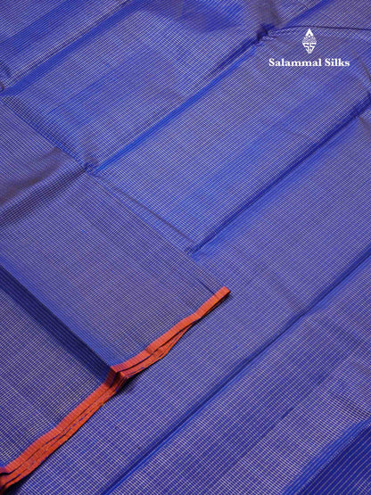 Beautiful Royal Blue Tiny Zari Checks Pure Kanjivaram Silk Saree With Contrast Orange Blouse