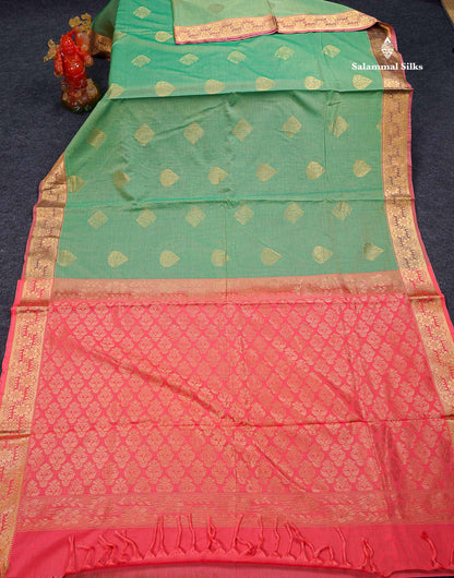 Beautiful Light Green Zari Buttas Cotton Mix Saree With Contrast Tomato Red Blouse