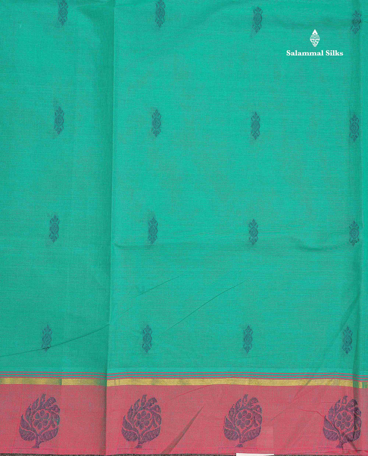 Pure Cotton Saree - Sapphire Green Colour Body Thread Butta With Contrast Pink Border