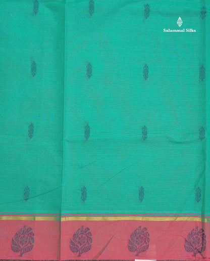 Pure Cotton Saree - Sapphire Green Colour Body Thread Butta With Contrast Pink Border