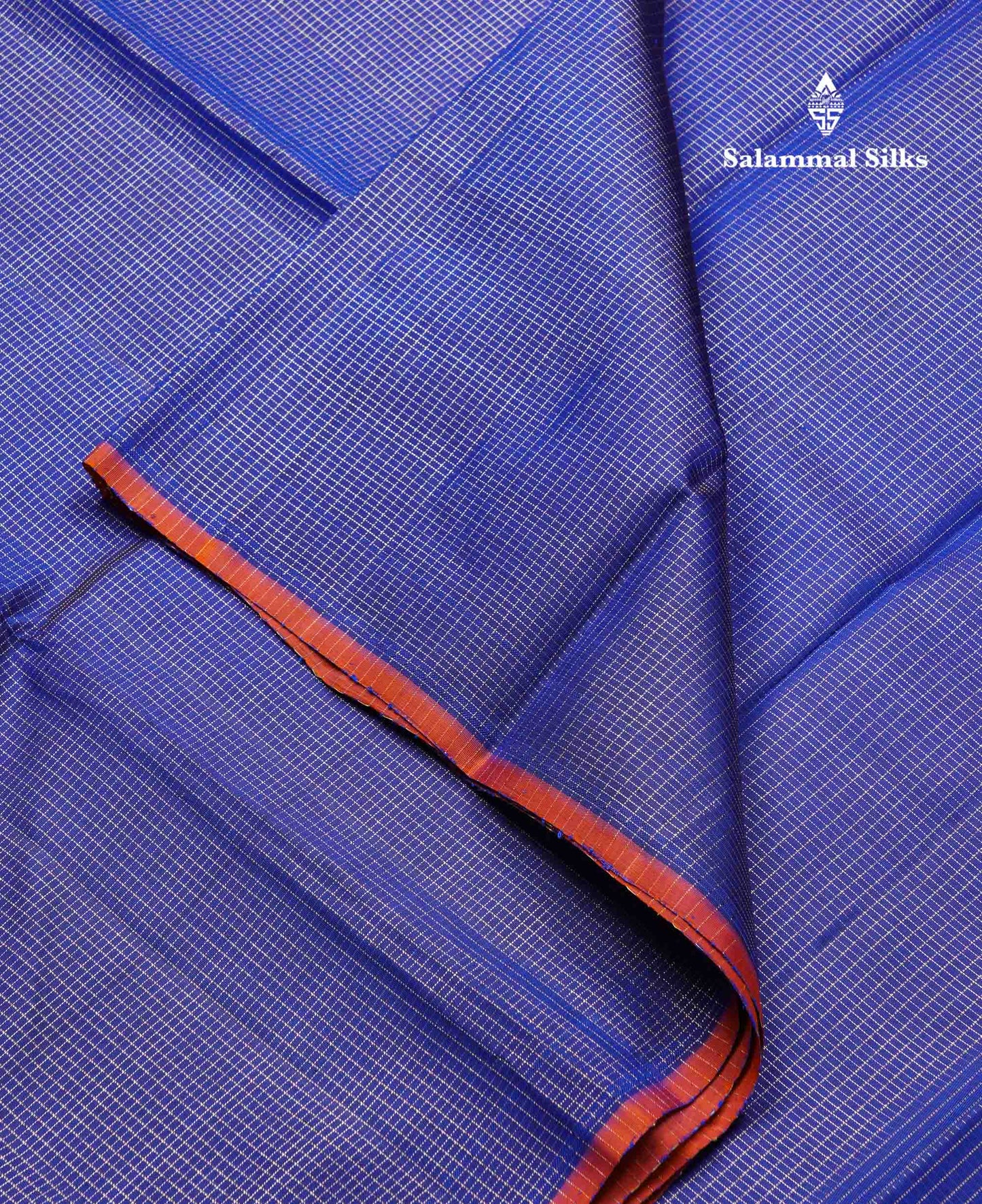 Beautiful Royal Blue Tiny Zari Checks Pure Kanjivaram Silk Saree With Contrast Orange Blouse