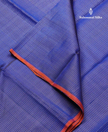 Beautiful Royal Blue Tiny Zari Checks Pure Kanjivaram Silk Saree With Contrast Orange Blouse