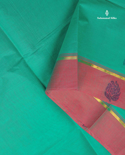 Pure Cotton Saree - Sapphire Green Colour Body Thread Butta With Contrast Pink Border