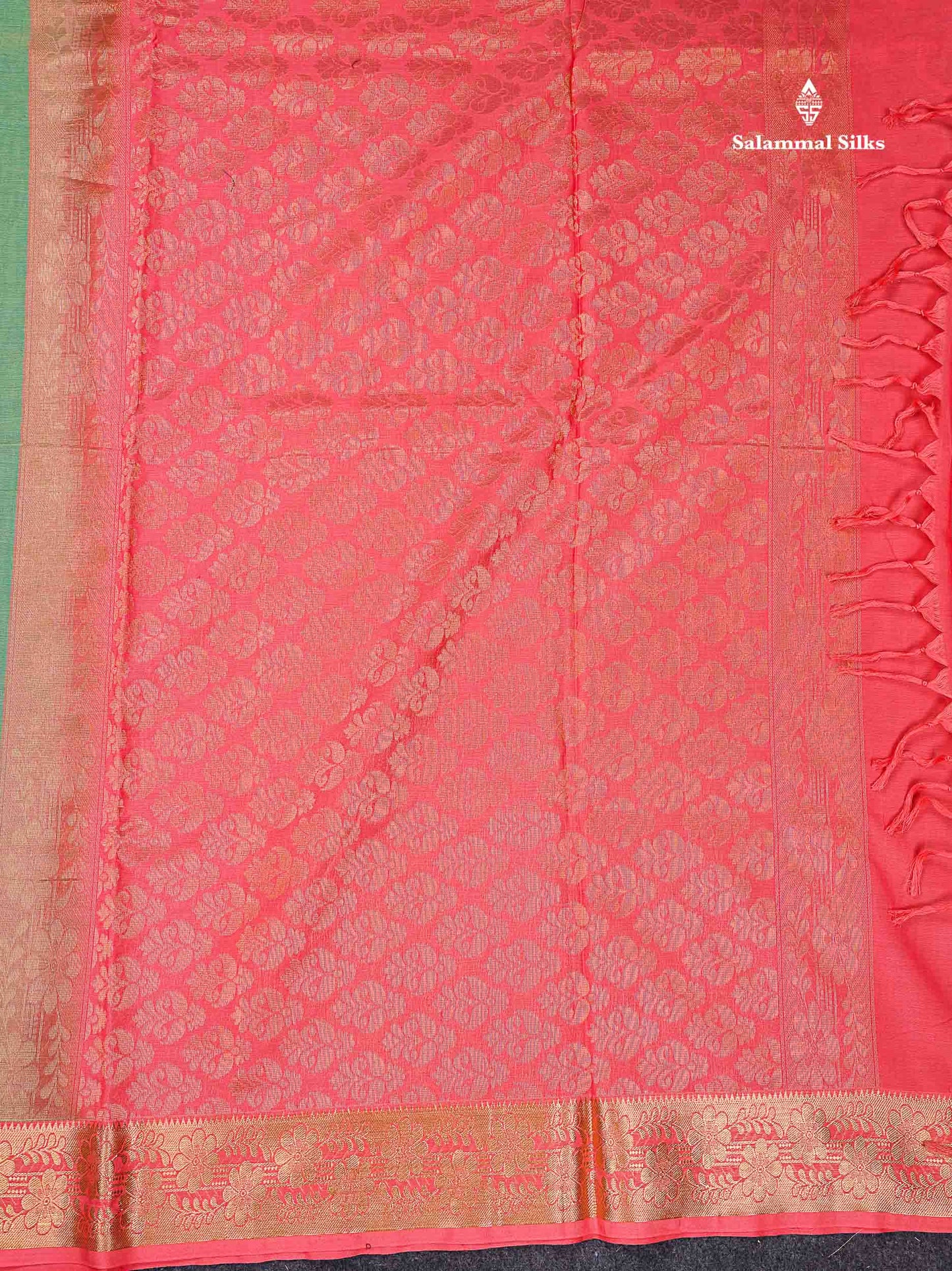 Beautiful Light Green Zari Buttas Cotton Mix Saree With Contrast Tomato Red Blouse