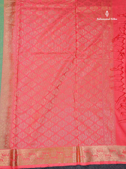 Beautiful Light Green Zari Buttas Cotton Mix Saree With Contrast Tomato Red Blouse