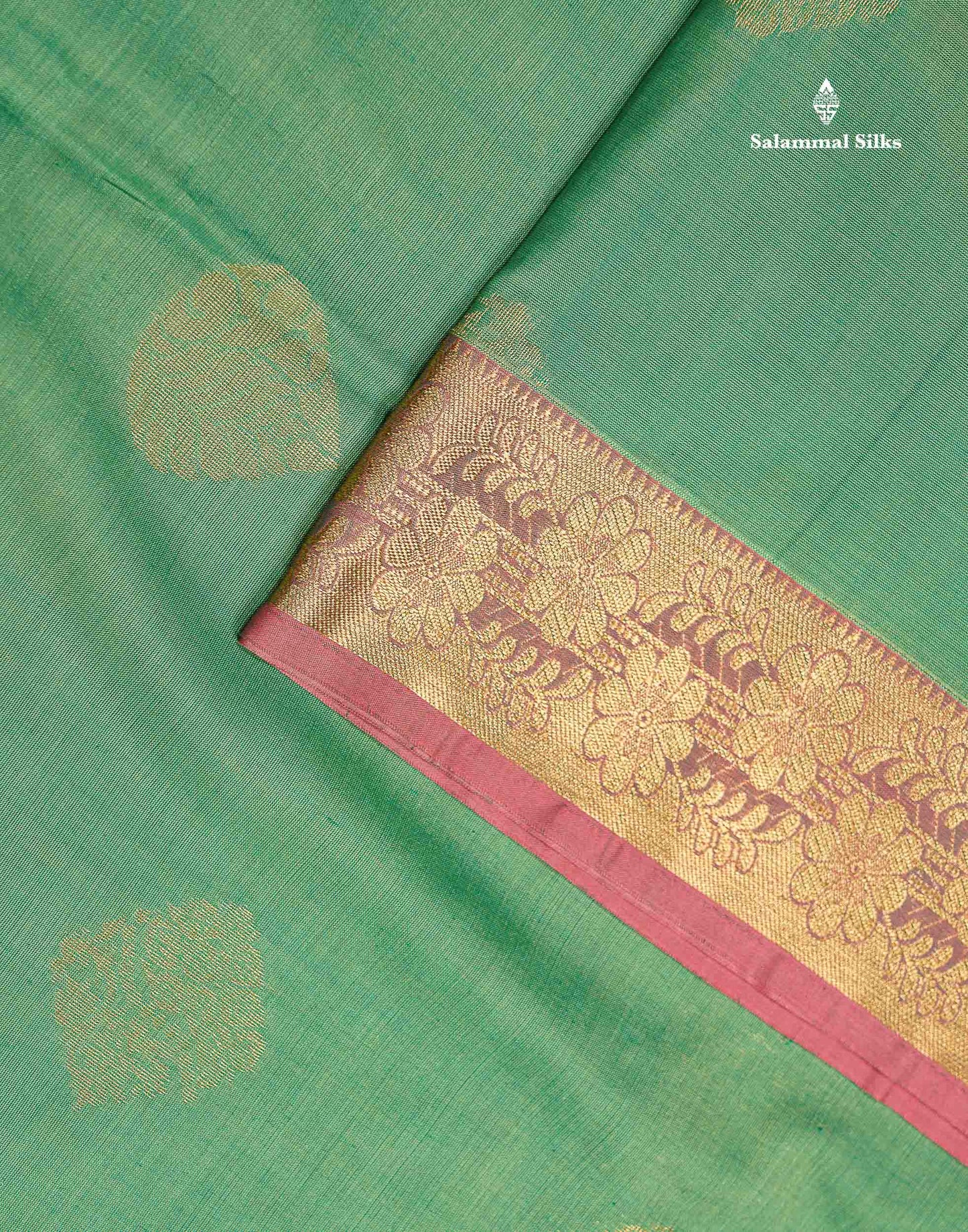 Beautiful Light Green Zari Buttas Cotton Mix Saree With Contrast Tomato Red Blouse