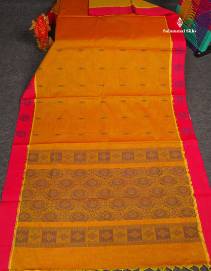 Pure Cotton Saree - Mustard Yellow Colour Body Thread Butta With Contrast Pink Border
