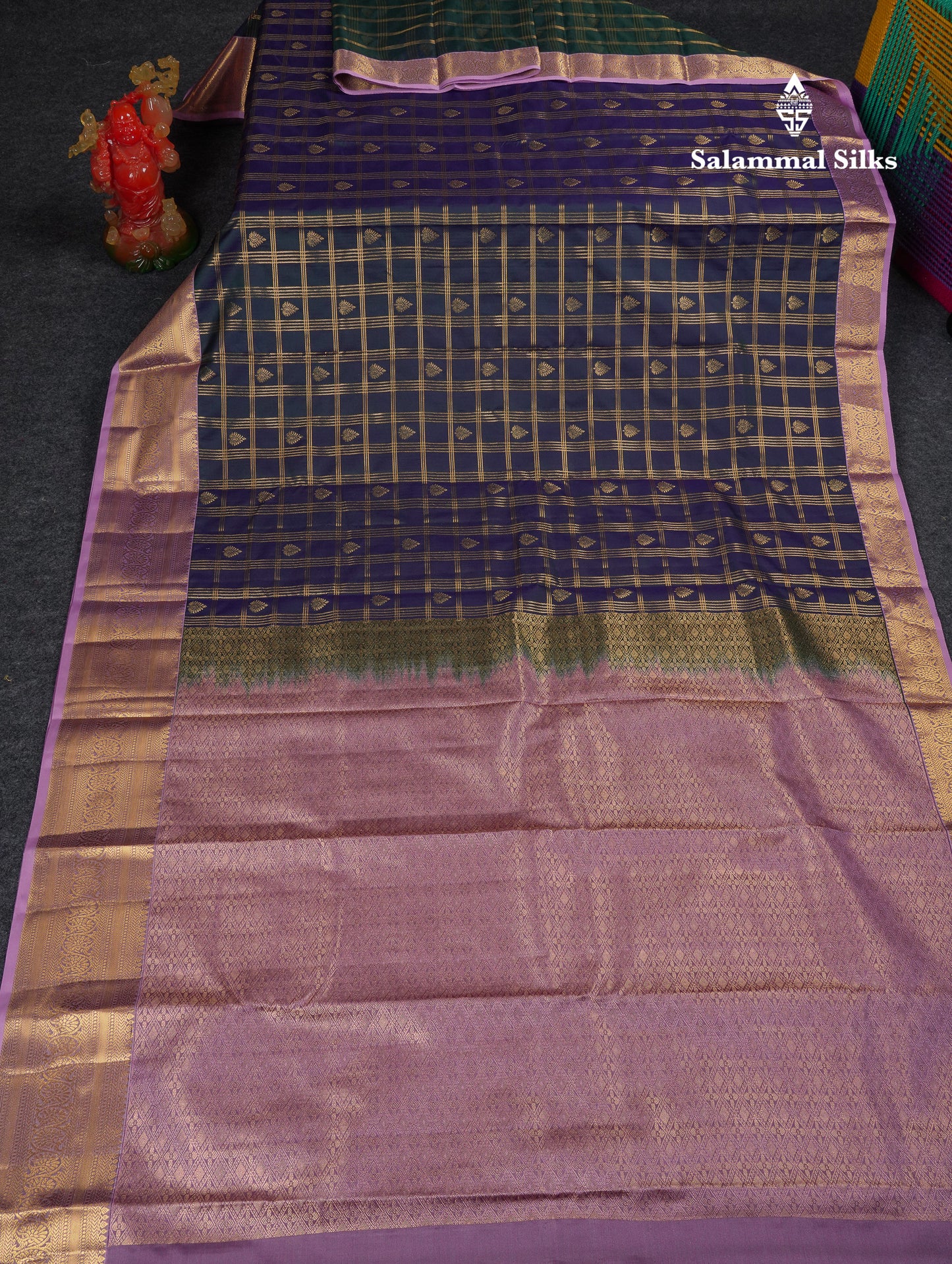 Beautiful Dual Tone Green Checks With Butta Semi Silk Saree With Contrast Lavender Traditional Evening Morning Border