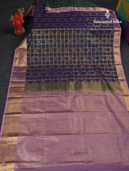 Beautiful Dual Tone Green Checks With Butta Semi Silk Saree With Contrast Lavender Traditional Evening Morning Border