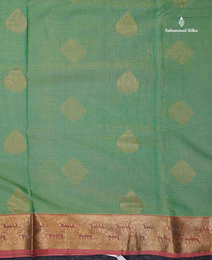 Beautiful Light Green Zari Buttas Cotton Mix Saree With Contrast Tomato Red Blouse