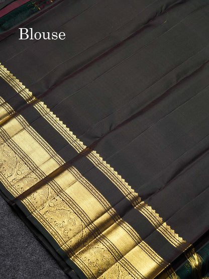 Beautiful Dual Tone Rust Orange Pure Kanjivaram Silk Saree With Contrast Dark Bottle Green Traditional Long Double Border