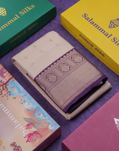 Beautiful Half White Vaira Oosi Tiny Checks With Butta Semi Silk Saree With Contrast Dark Violet Traditional Border