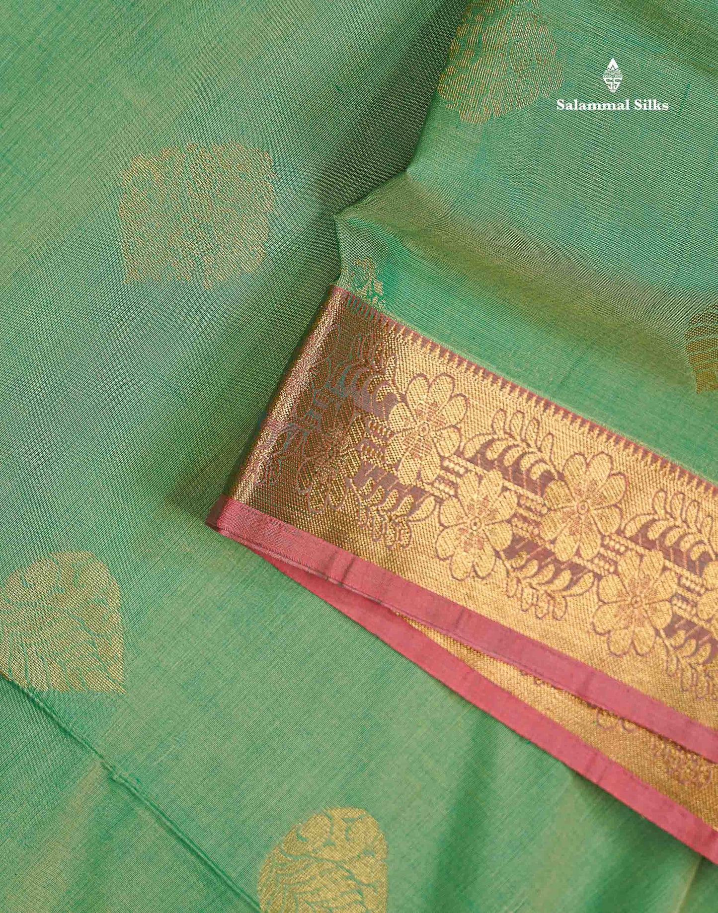 Beautiful Light Green Zari Buttas Cotton Mix Saree With Contrast Tomato Red Blouse