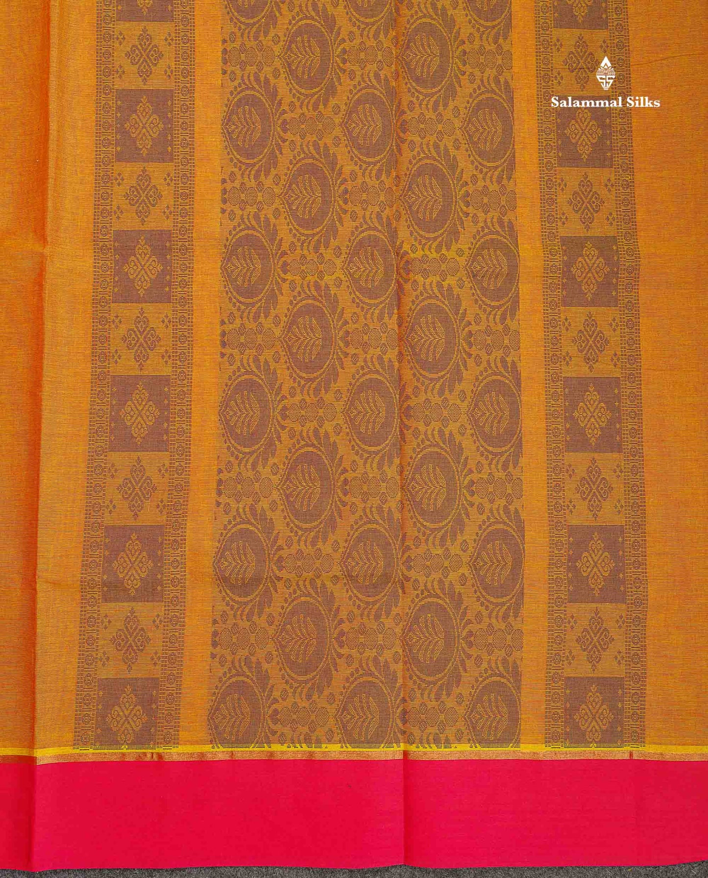 Pure Cotton Saree - Mustard Yellow Colour Body Thread Butta With Contrast Pink Border