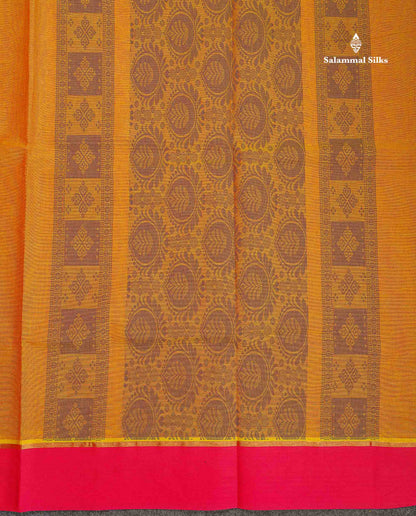 Pure Cotton Saree - Mustard Yellow Colour Body Thread Butta With Contrast Pink Border