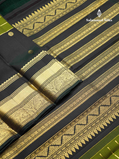 Beautiful Dual Tone Rust Orange Pure Kanjivaram Silk Saree With Contrast Dark Bottle Green Traditional Long Double Border