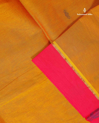 Pure Cotton Saree - Mustard Yellow Colour Body Thread Butta With Contrast Pink Border