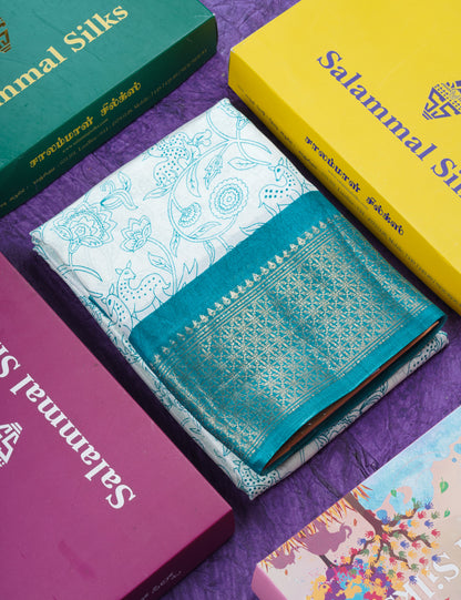 Beautiful White Printed Mahu Silk Fancy Saree With Contrast Chilly Red Border