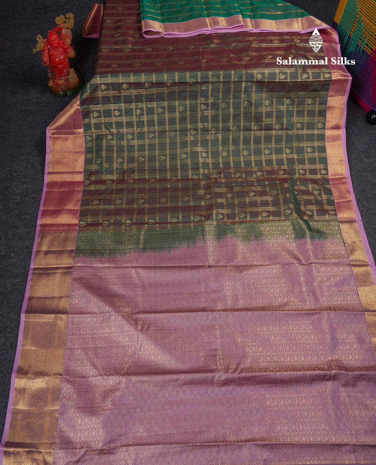 Beautiful Dual Tone Green Checks With Butta Semi Silk Saree With Contrast Lavender Traditional Evening Morning Border