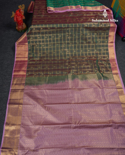 Beautiful Dual Tone Green Checks With Butta Semi Silk Saree With Contrast Lavender Traditional Evening Morning Border